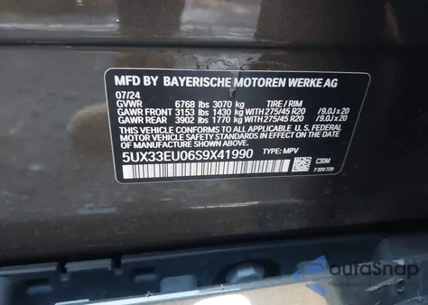 2025 BMW X5 M60I из США, поврежденный, VIN 5UX33EU06S9X41990